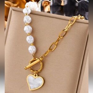 Stainless Steel Faux Pearl Chain Necklace With Heart Pendant